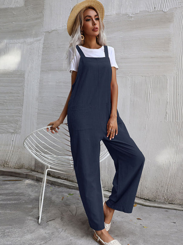 Solid Loose Bib Overalls - Flowy Harem Pantsuits Jumpsuit