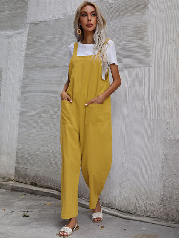 Solid Loose Bib Overalls - Flowy Harem Pantsuits Jumpsuit