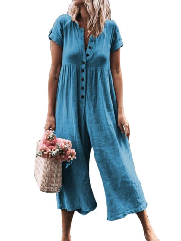 Textured Cotton Button Down Wide-Leg Culotte Jumpsuit Jumpsuit