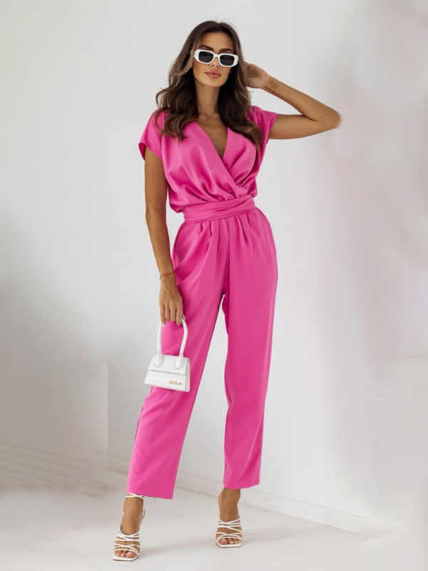 Surplice V-Neck Belted Jumpsuit for Women's Business Attire