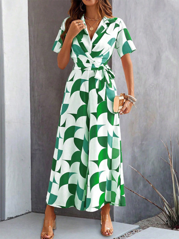 Women Elegant Geometric Jumpsuit - Belted Full-Length Playsuit