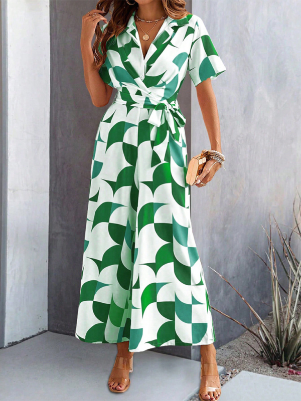 Women Elegant Geometric Jumpsuit - Belted Full-Length Playsuit