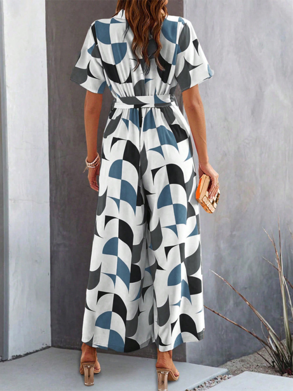 Women Elegant Geometric Jumpsuit - Belted Full-Length Playsuit