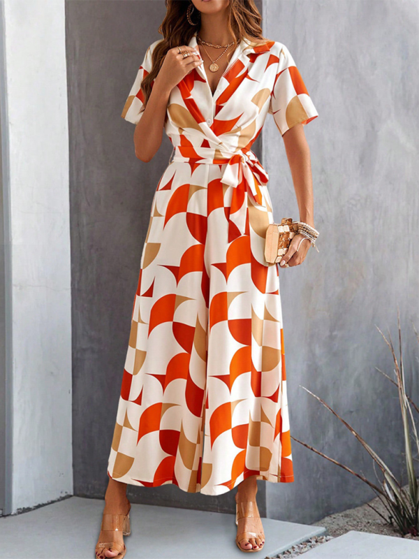 Women Elegant Geometric Jumpsuit - Belted Full-Length Playsuit	