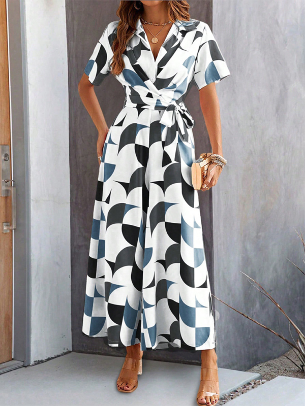 Women Elegant Geometric Jumpsuit - Belted Full-Length Playsuit