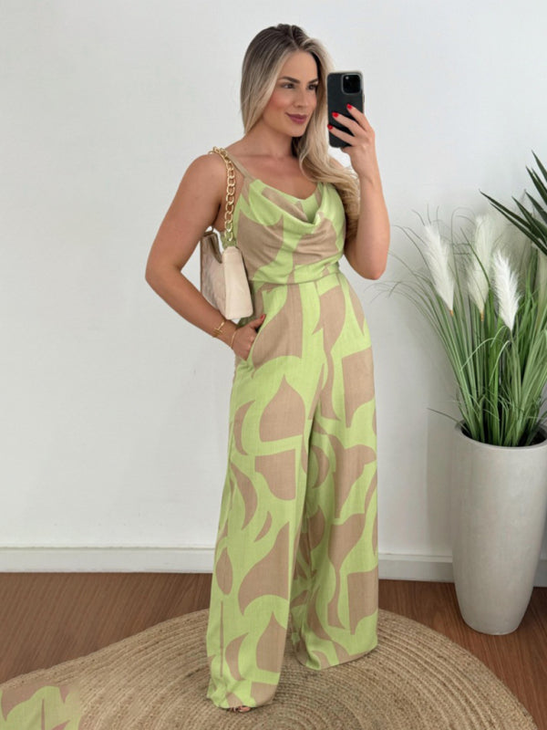 Women's Cowl Neck Jumpsuit - Full-Length Cami Playsuit with Smocked Back	