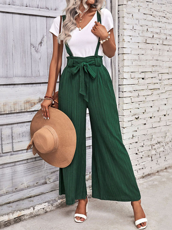 Women's Ribbed Wide-Leg Bowknot Jumpsuit Overalls	