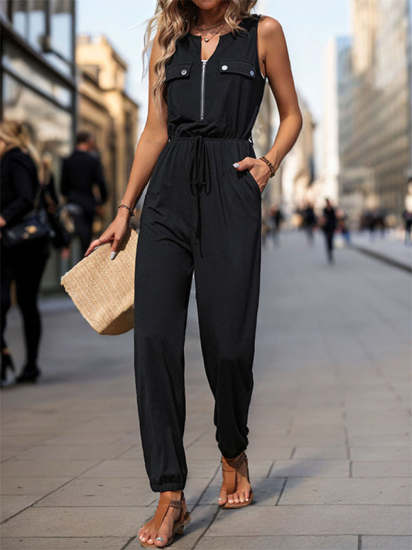 Women's Zip-Up Flap Pencil Jumpsuit - Playsuit with Gathered