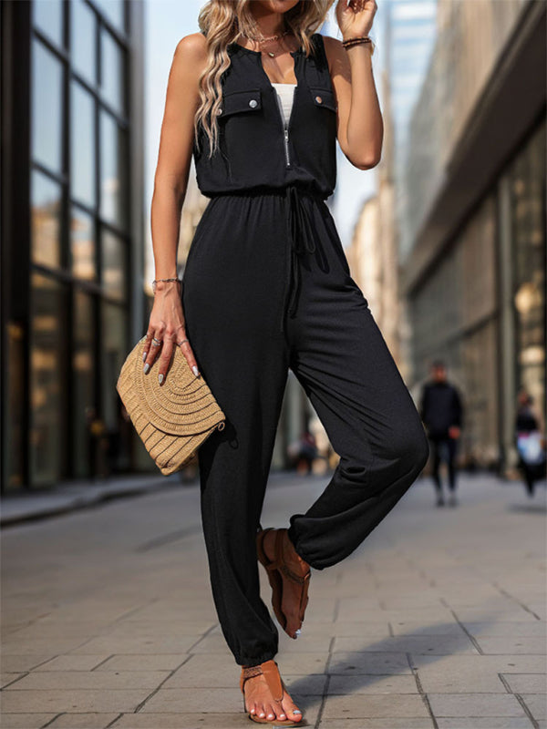 Women's Zip-Up Flap Pencil Jumpsuit - Playsuit with Gathered