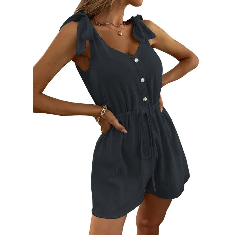 Women's Tie-Shoulder Romper in Textured Fabric Rompers