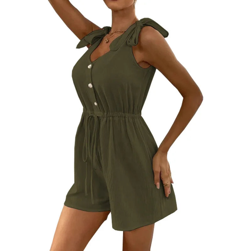 Women's Tie-Shoulder Romper in Textured Fabric Rompers