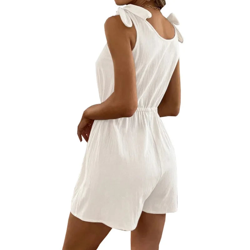 Women's Tie-Shoulder Romper in Textured Fabric Rompers