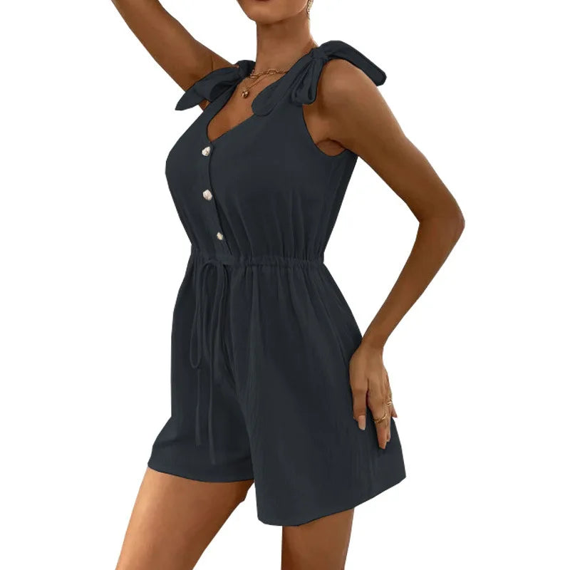 Women's Tie-Shoulder Romper in Textured Fabric Rompers