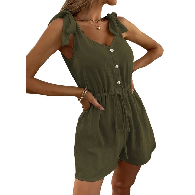 Women's Tie-Shoulder Romper in Textured Fabric Rompers