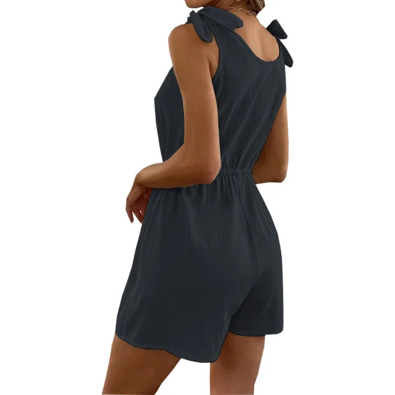 Women's Tie-Shoulder Romper in Textured Fabric Rompers