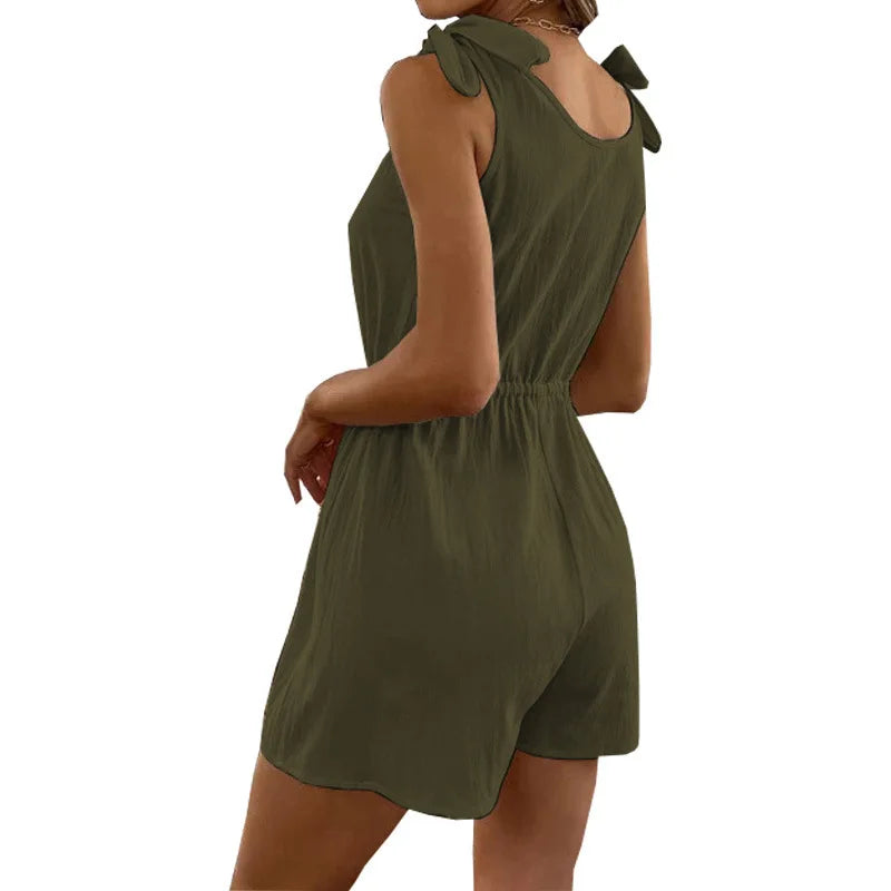 Women's Tie-Shoulder Romper in Textured Fabric Rompers