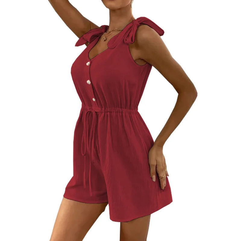 Women's Tie-Shoulder Romper in Textured Fabric Rompers