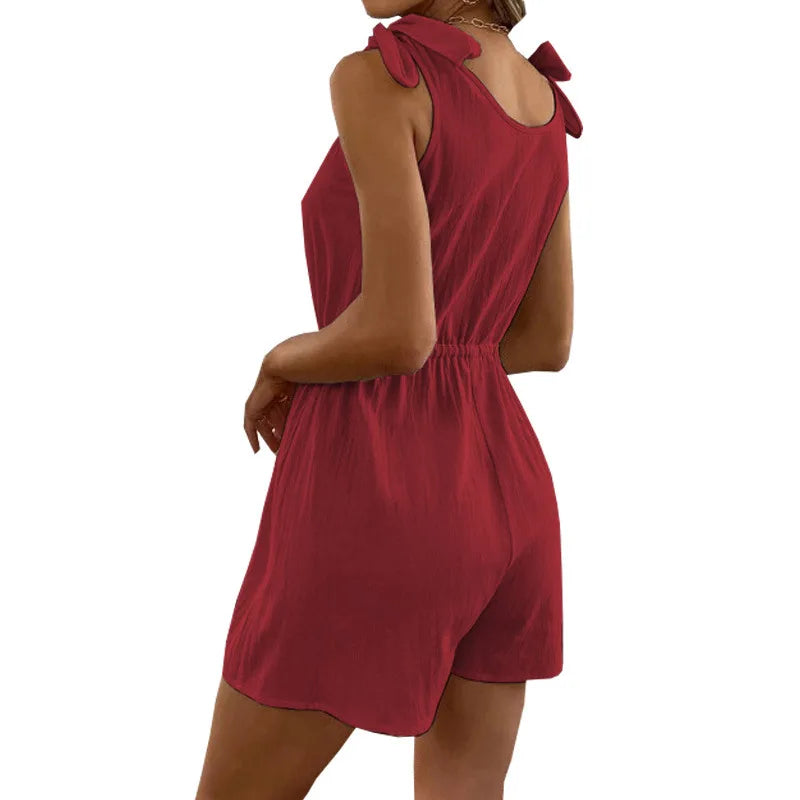 Women's Tie-Shoulder Romper in Textured Fabric Rompers