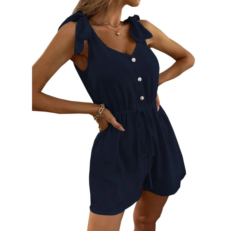 Women's Tie-Shoulder Romper in Textured Fabric Rompers