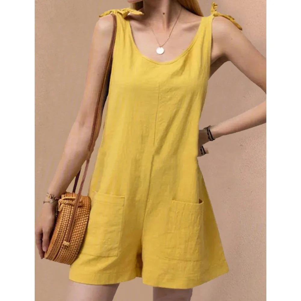 Women's Solid Cotton Romper with Tie Shoulders	