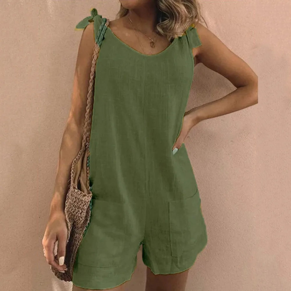 Women's Romper with Tie Shoulders in Solid Cotton Rompers