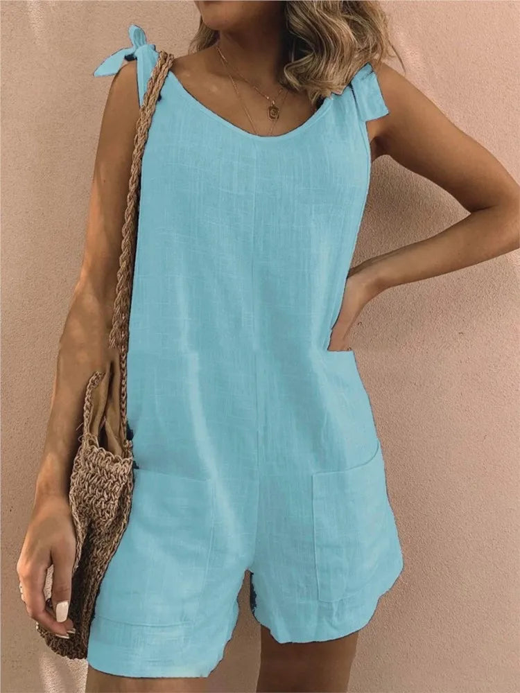 Women's Romper with Tie Shoulders in Solid Cotton Rompers