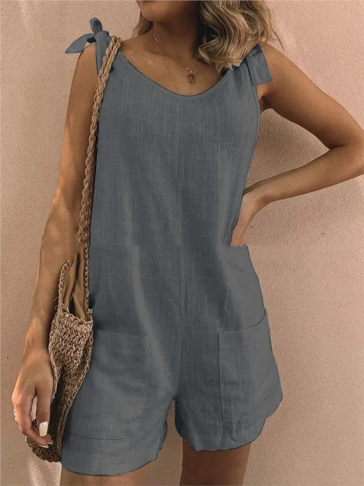 Women's Romper with Tie Shoulders in Solid Cotton Rompers