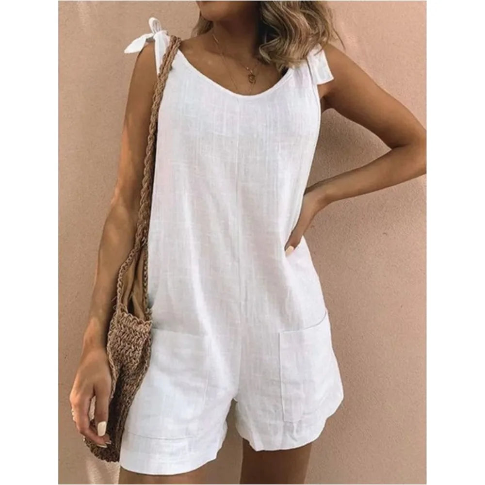 Women's Romper with Tie Shoulders in Solid Cotton Rompers