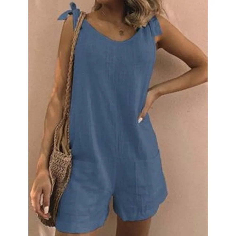 Women's Romper with Tie Shoulders in Solid Cotton Rompers