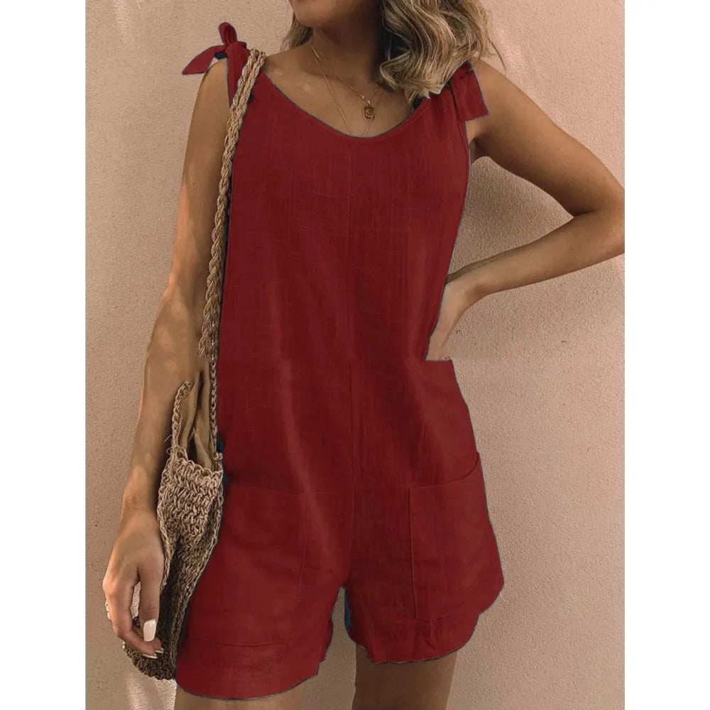 Women's Romper with Tie Shoulders in Solid Cotton Rompers