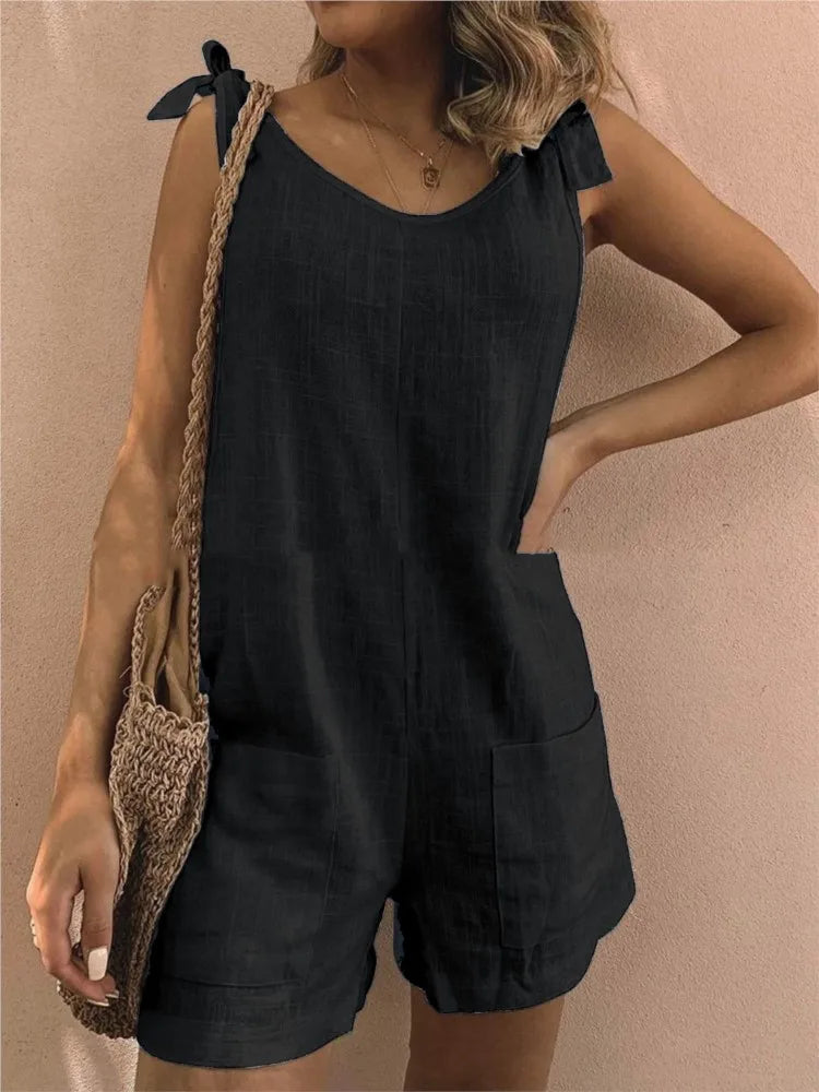 Women's Romper with Tie Shoulders in Solid Cotton Rompers