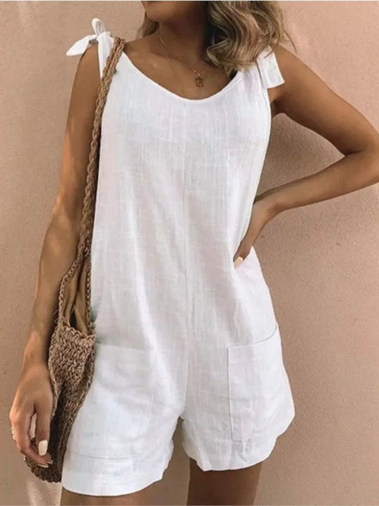 Women's Romper with Tie Shoulders in Solid Cotton Rompers