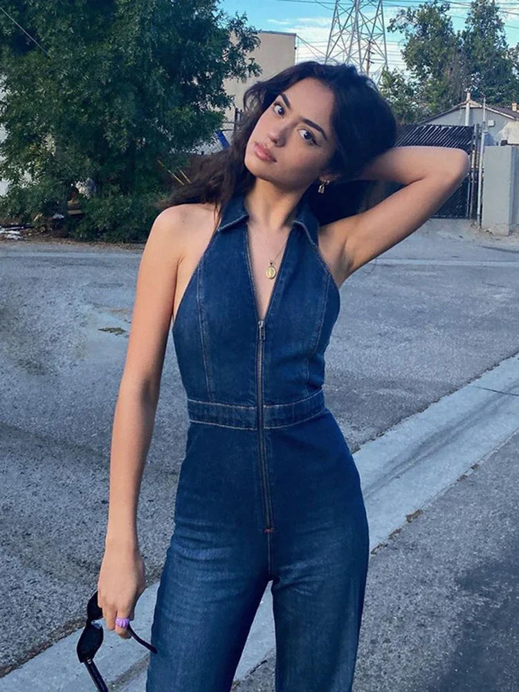 Women Washed Denim Zip-Up Jumpsuit Jumpsuits