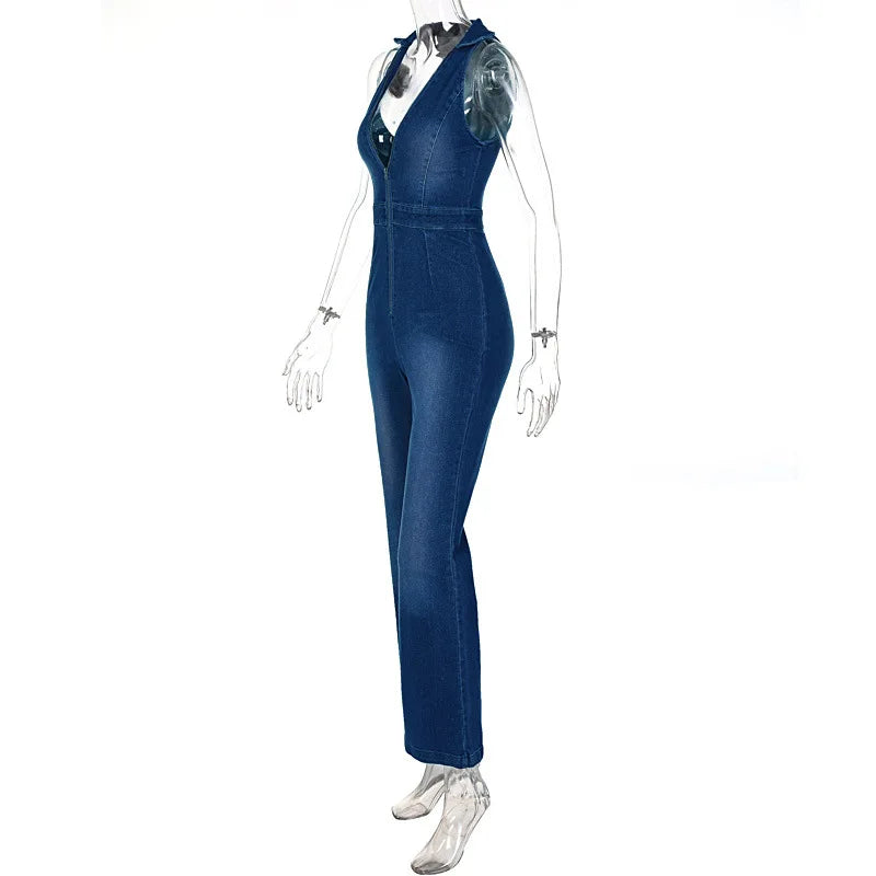 Women Washed Denim Zip-Up Jumpsuit Jumpsuits