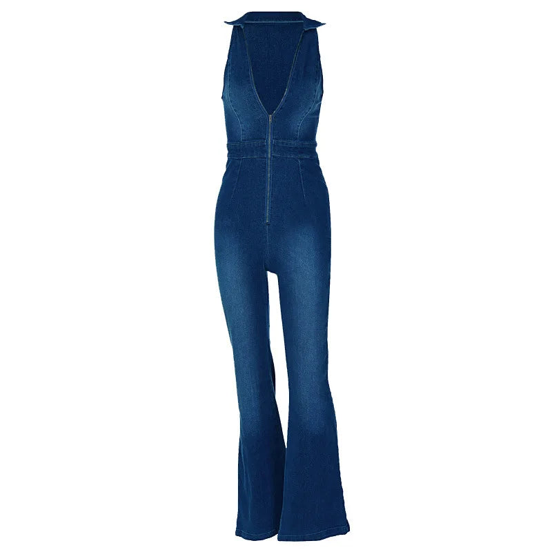 Women Washed Denim Zip-Up Jumpsuit Jumpsuits