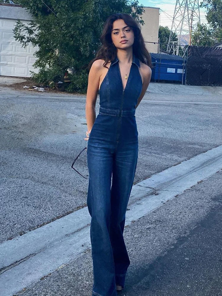 Women Washed Denim Zip-Up Jumpsuit Jumpsuits