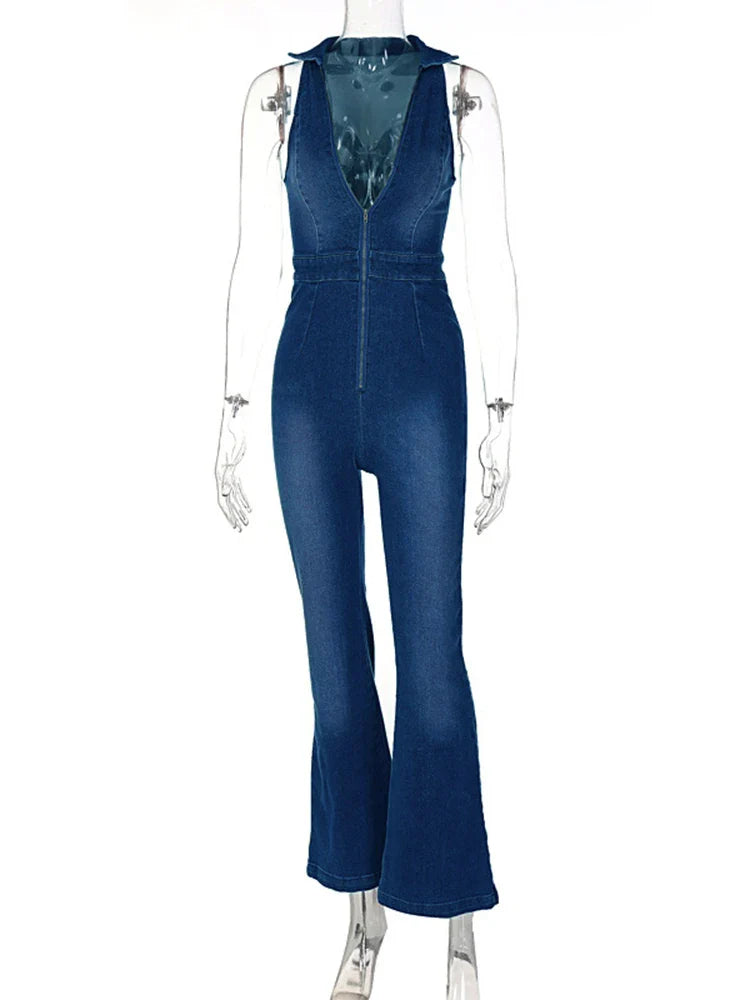 Women Washed Denim Zip-Up Jumpsuit Jumpsuits