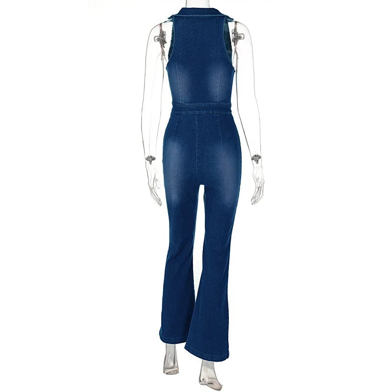 Women Washed Denim Zip-Up Jumpsuit Jumpsuits