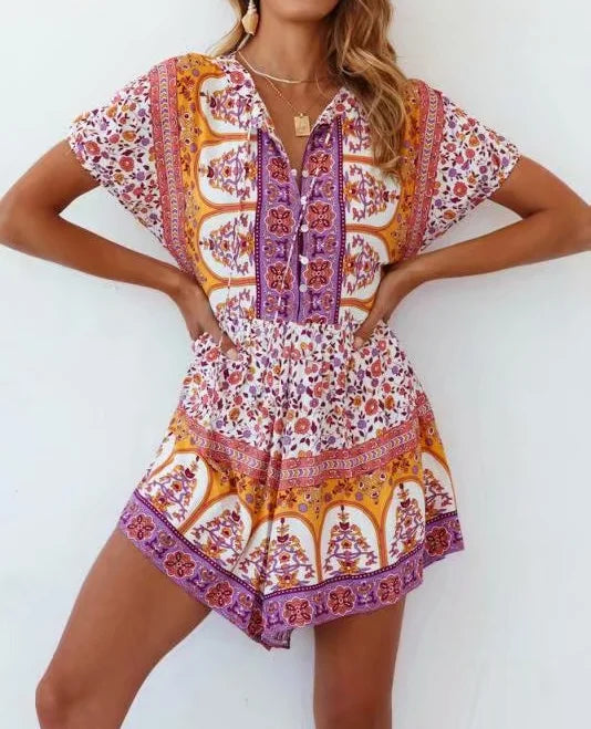 Women Floral Boho Romper with Gathered Waist	