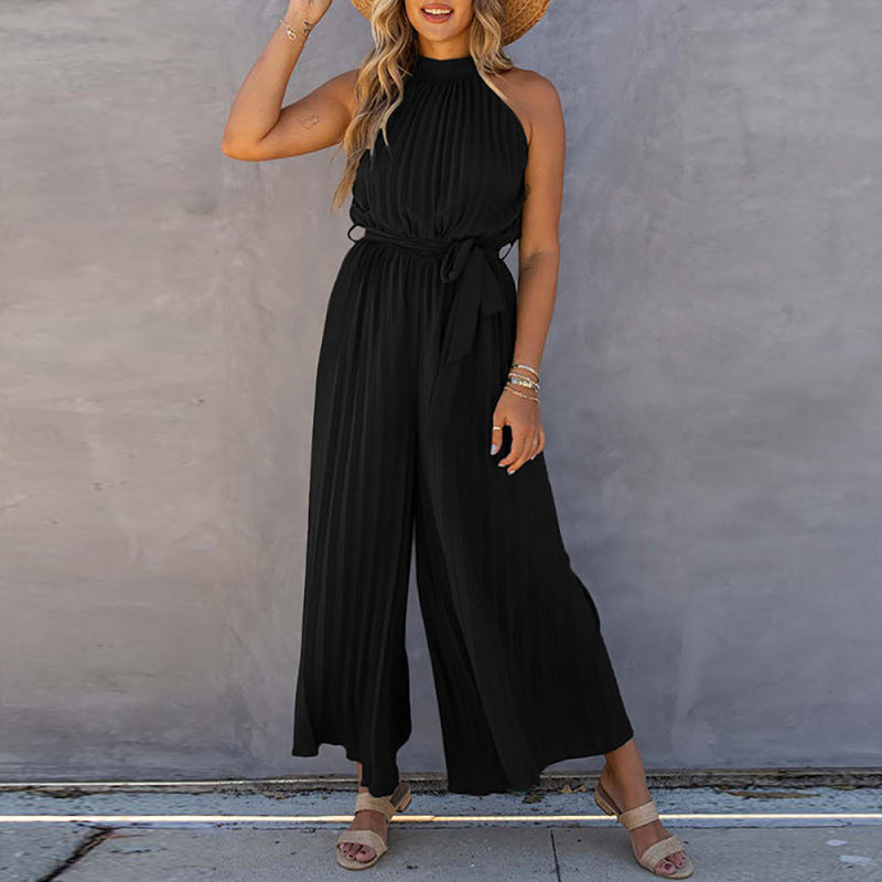 Solid Plisse Halter High Neck Pleated Waist-Tie Jumpsuit	