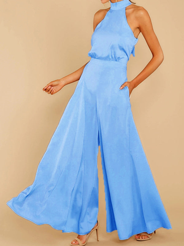 Elegant Sleeveless Satin Playsuit | Halterneck & Flared Style Jumpsuit	