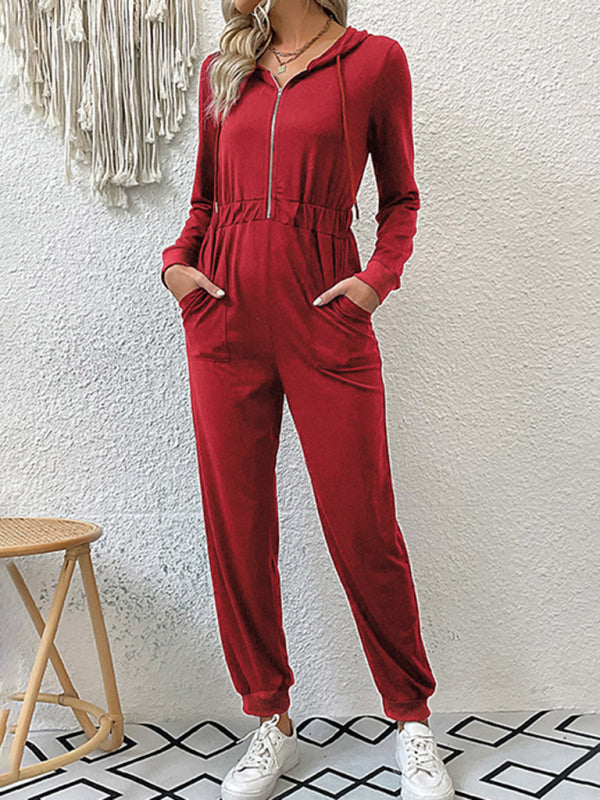 Hooded Coveralls - Zip-Front Jumpsuit with Pockets, Elastic