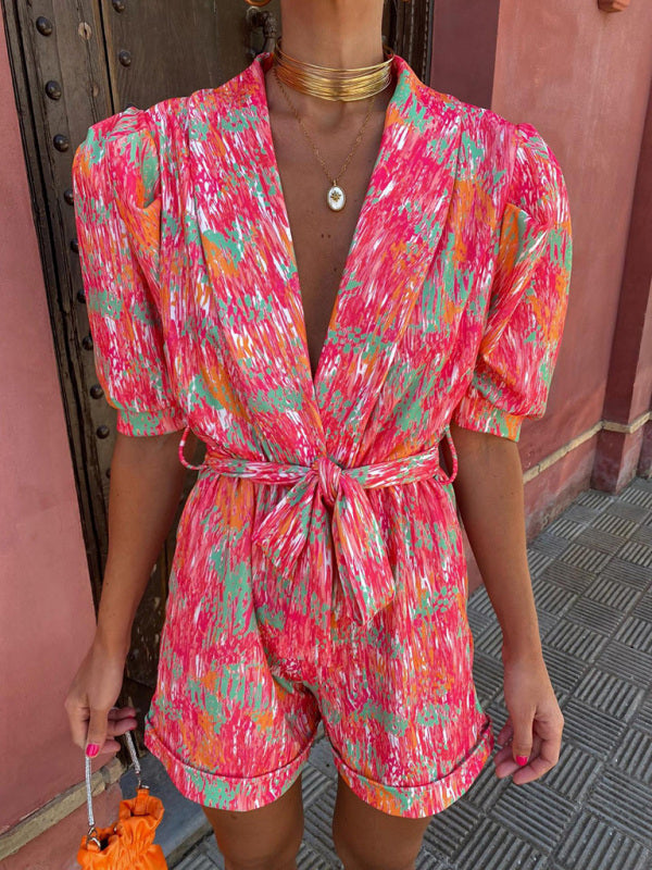 Elegant Abstract Print Plunge Shawl Lapels Belt Tie Romper