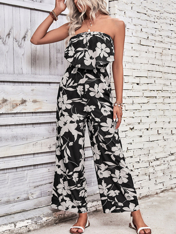 Floral Wide-Leg Strapless Jumpsuit | Tube Top Pantsuit	