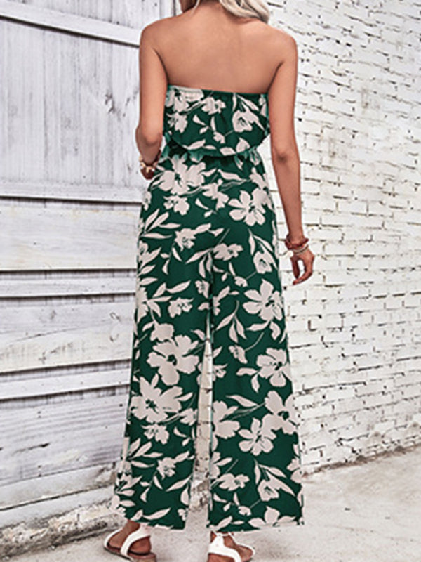 Floral Wide-Leg Strapless Jumpsuit | Tube Top Pantsuit Playsuits