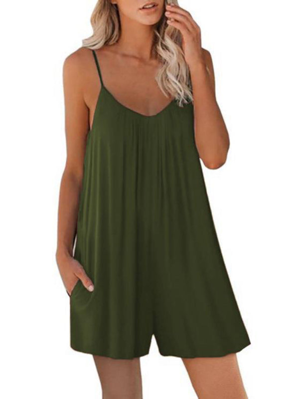 Flowy Short Playsuit - Women's Solid Cami Romper with Pockets	