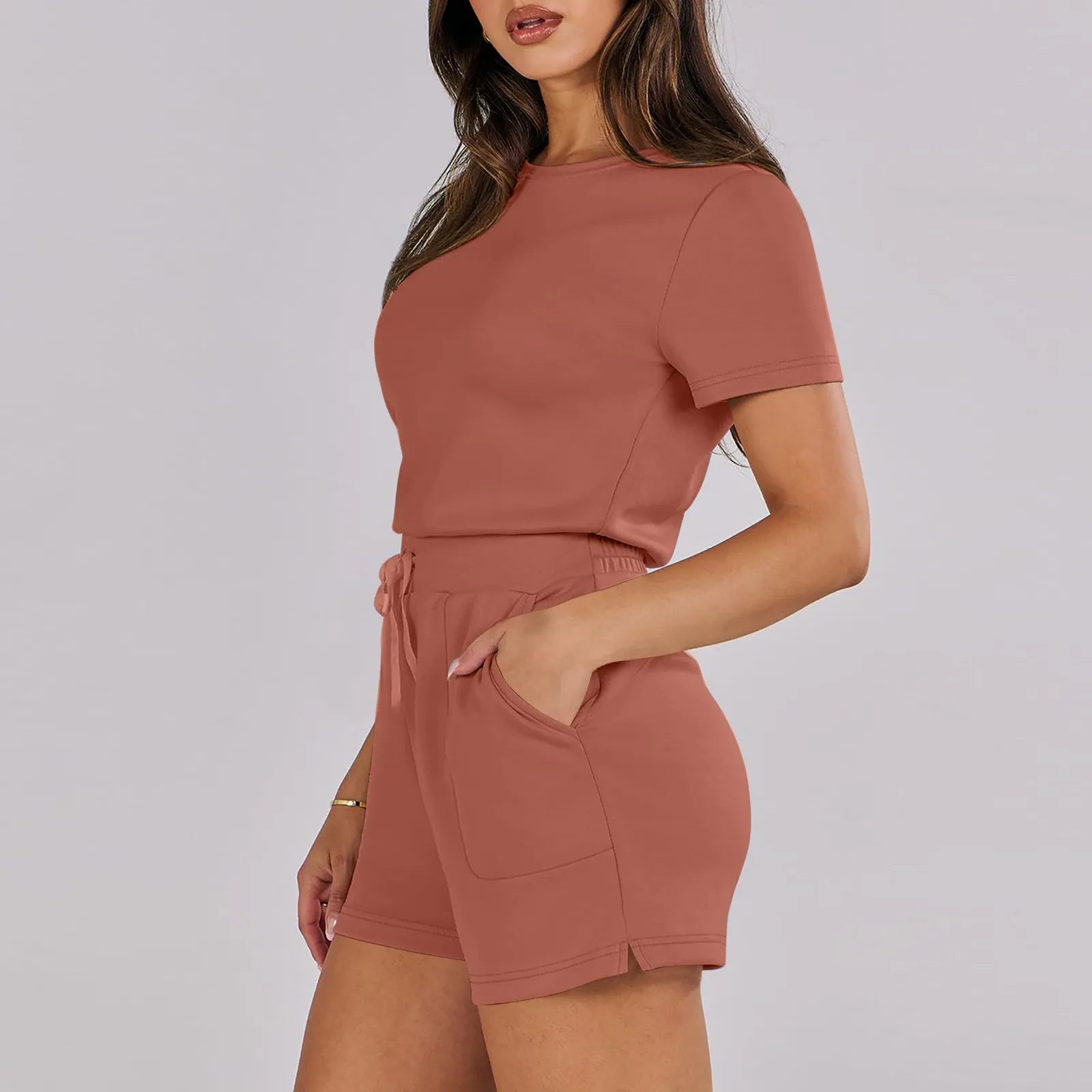 Gathered-Waist Romper for Women - Casual Tee Playsuit Rompers