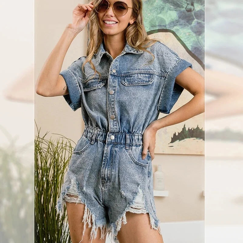 Denim Playsuit with Distressed Hem - Perfect for Festivals