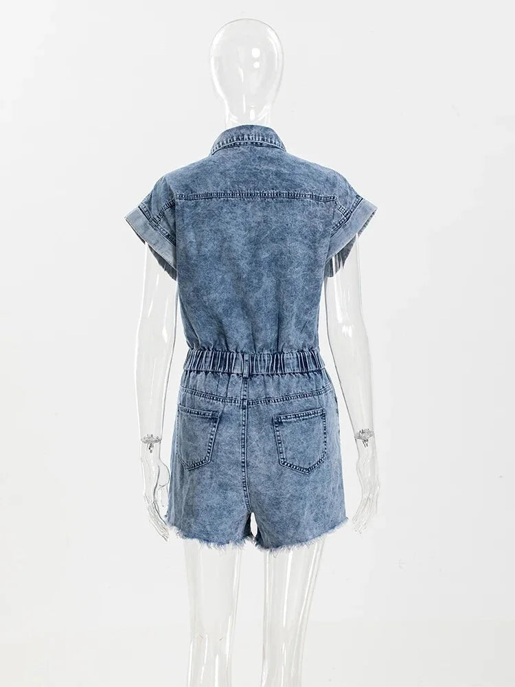 Denim Playsuit with Distressed Hem - Perfect for Festivals