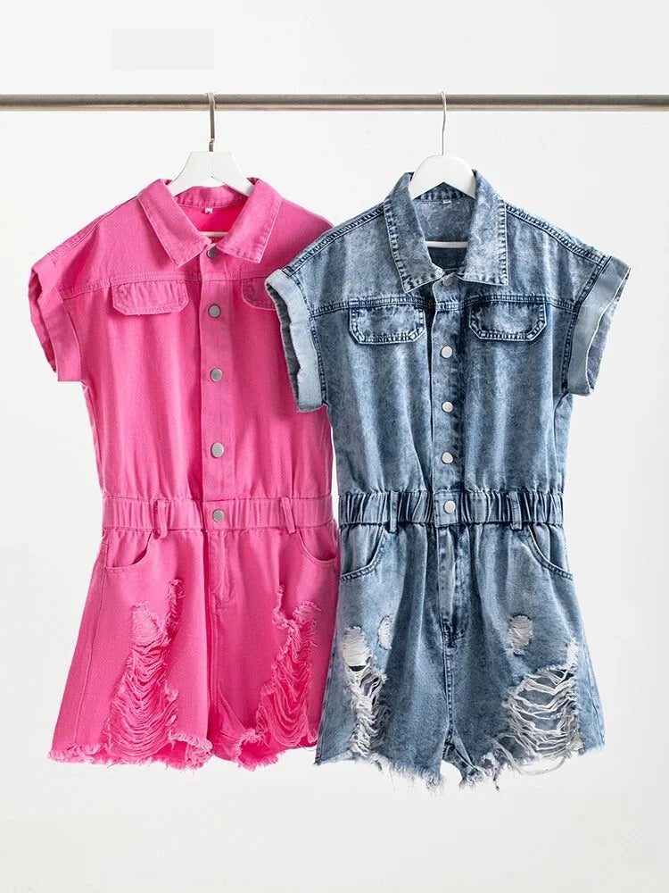 Denim Playsuit with Distressed Hem - Perfect for Festivals